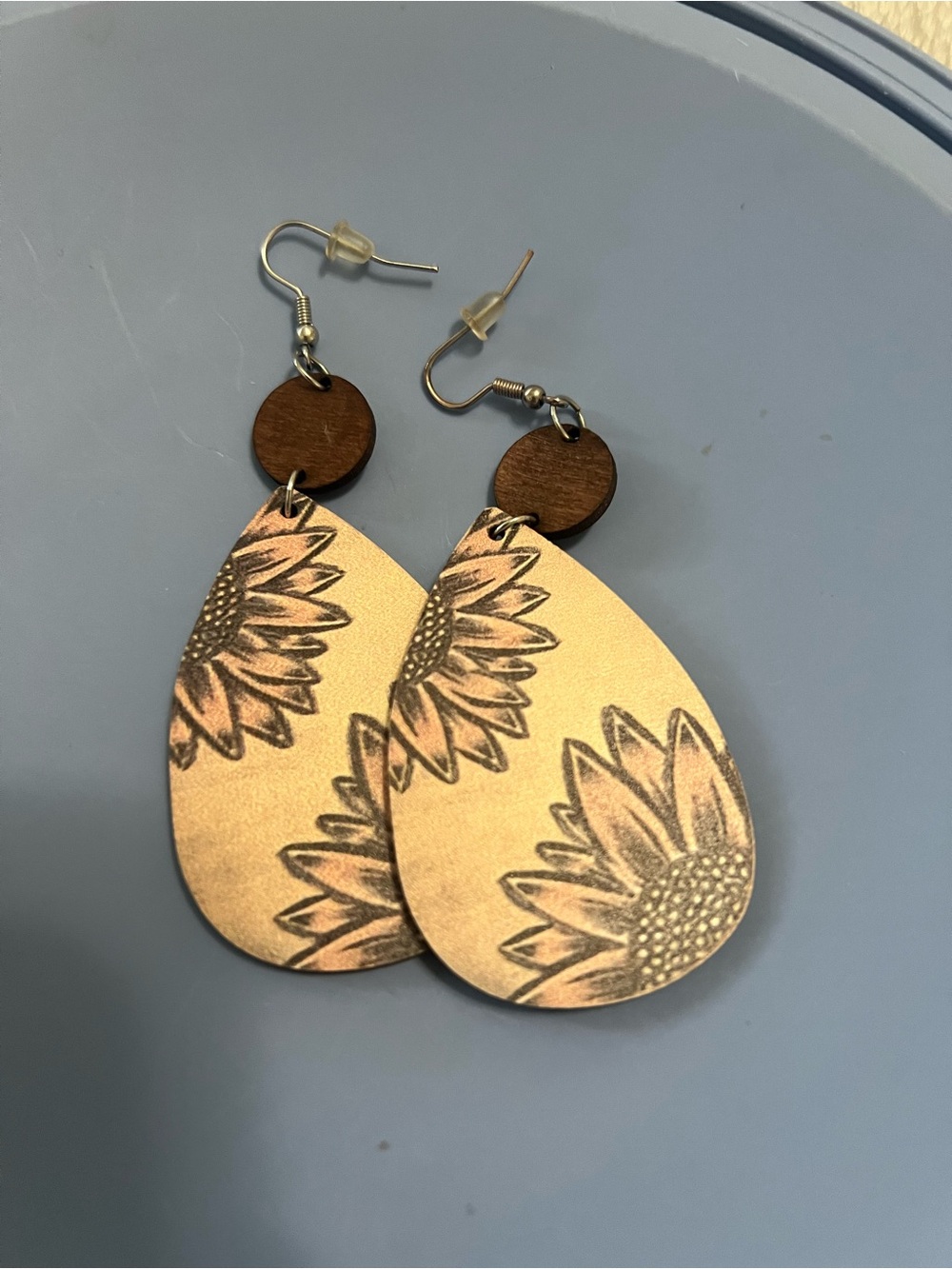 Sunflower Teardrop Wooden Earrings in Gold